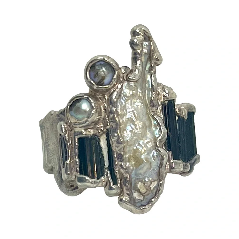 Vintage C + R Jewelry 999 Silver Green Tourmaline and Pearl Ring Size 8.5